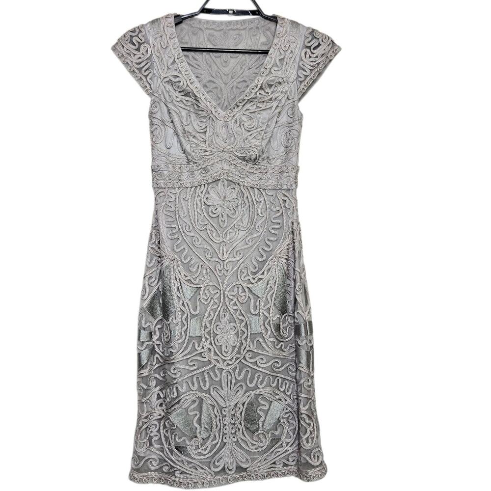 Sue Wong Ribbon Dress Size 0 Gray Silver Short Sleeve Cocktail Occasion